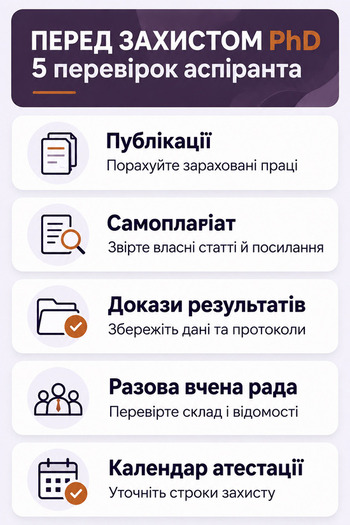 Інфографіка: п'ять перевірок аспіранта перед захистом PhD — публікації, самоплагіат, результати, вчена рада та строки.